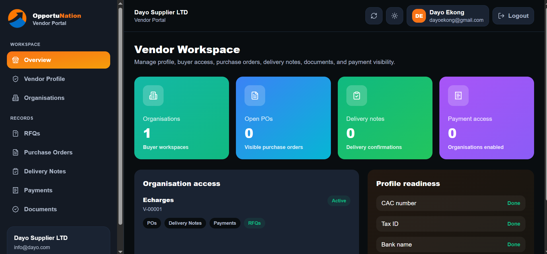 Vendor Portal dashboard
